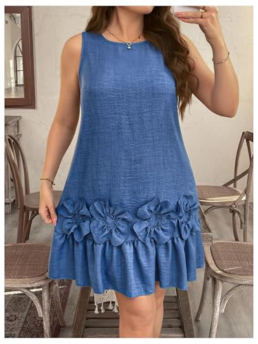 Women's Plus Size 3D Floral Round Neck Short Dress Ruffle Hem Sleeveless Tank Short Dress
