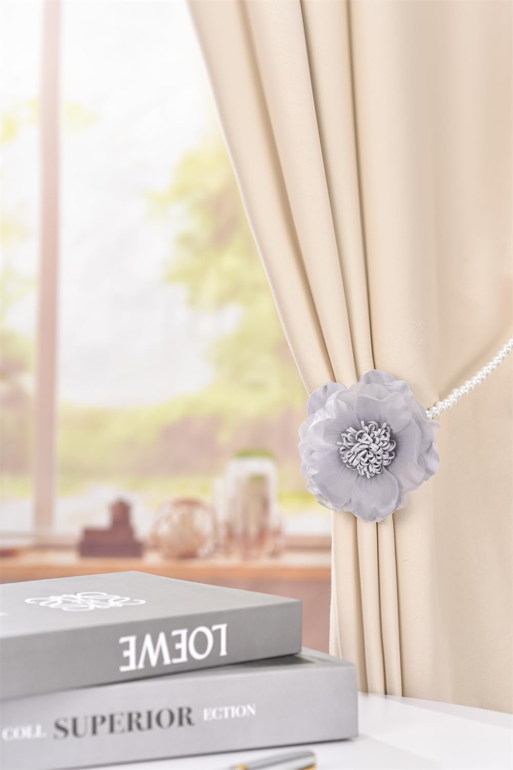 Elegant Pearl Magnetic Curtain Tieback with Handmade Flower Decorative Drapery Holdbacks Rope Holder