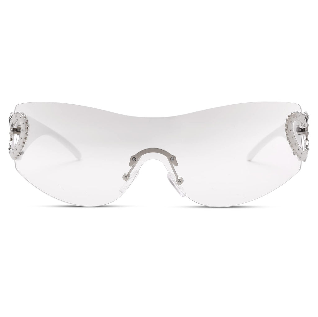Wrap Around Heart Rhinestones Rimless Sunglasses Women Men, Oversized Fashion Futuristic Sun Glasses Cool Shade 2000S Trendy