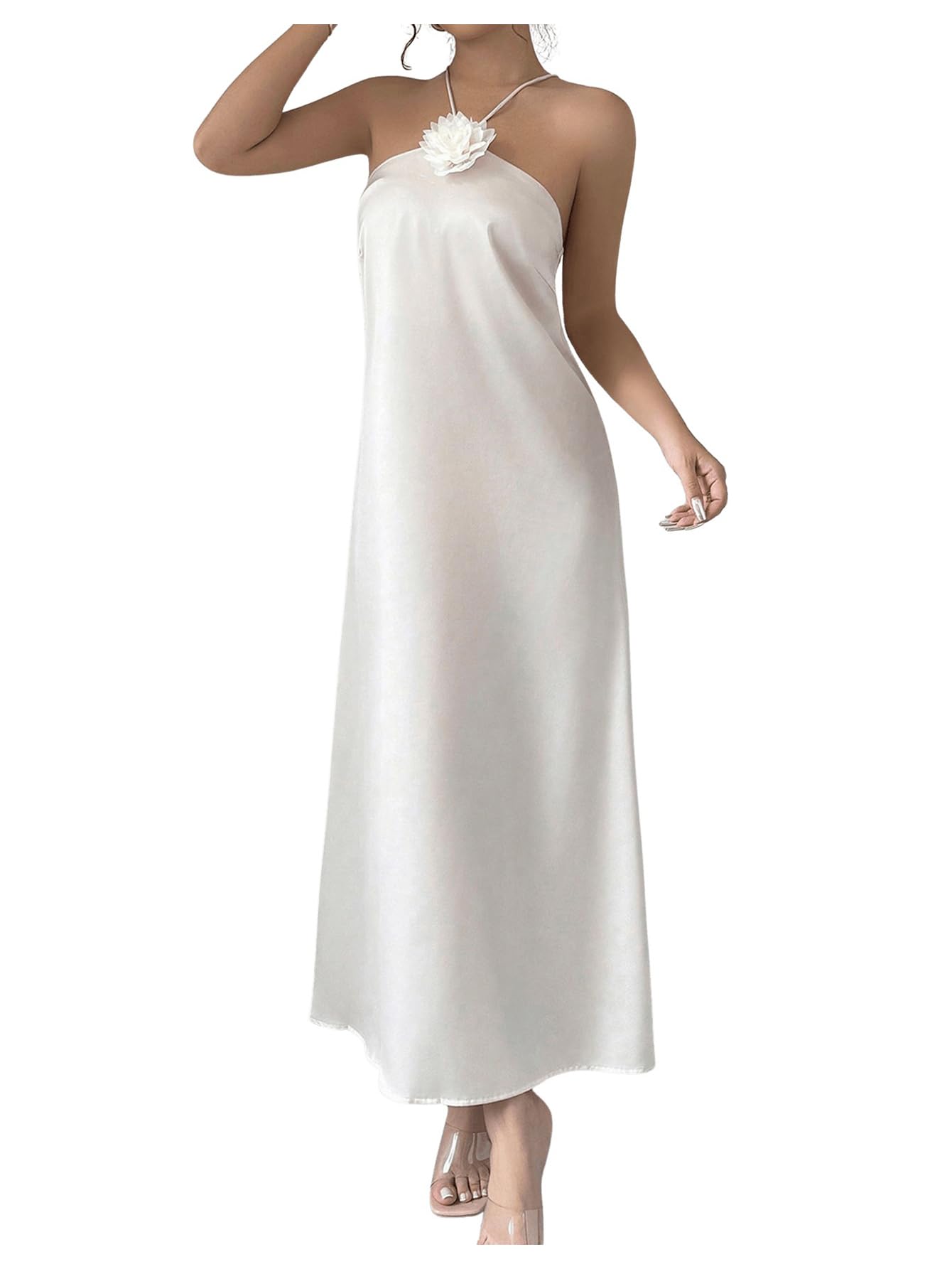 Women's 3D Floral Halter Dress Criss Cross Backless Sleeveless Maxi Dresses