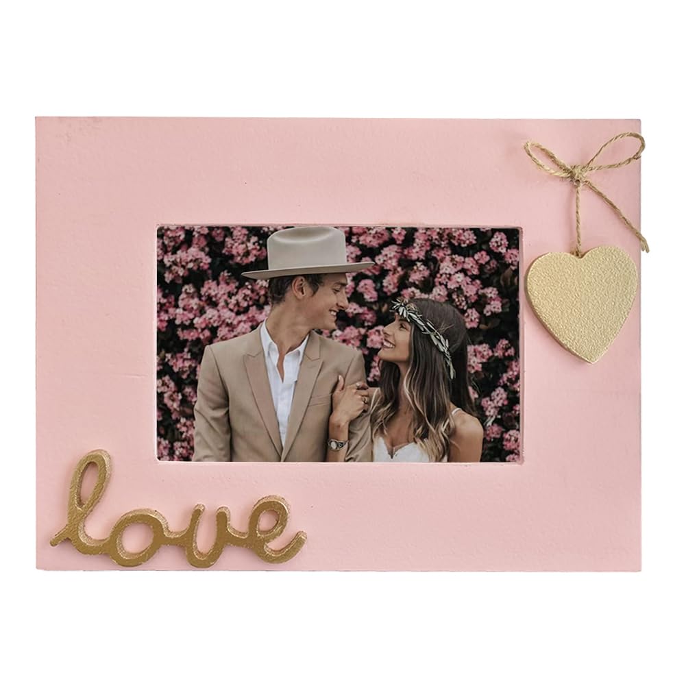 Love Picture Frame with Heart for Table Top and Wall Mounting-Distressed Wooden Photo Frame HD Glass Inside