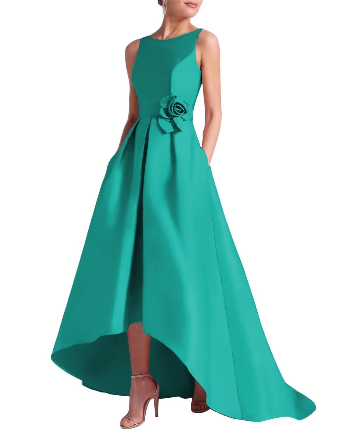 Women's 3D Flower Satin Mother of The Bride Dresses Hi-Low Formal Evening Party Gown