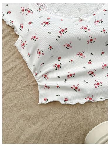 Women's Contrast Lace Halter Neck Lettuce Trim Casual Crop Tee Tops