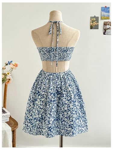 Women's Floral Halter Neck Vacation Dress Sleeveless Cut Out Boho Cami Dress