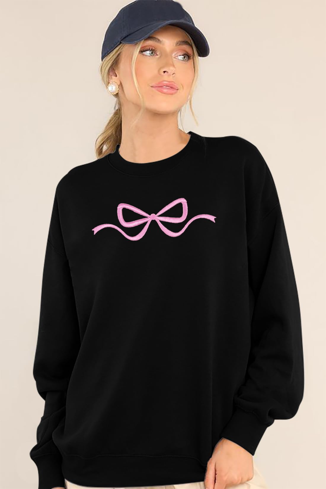 Ladies Bow Sweatshirt Coquette Sweater - Embroidered sweatshirt Clean Girl Aesthetic Shirt Fall Crewneck Pullover
