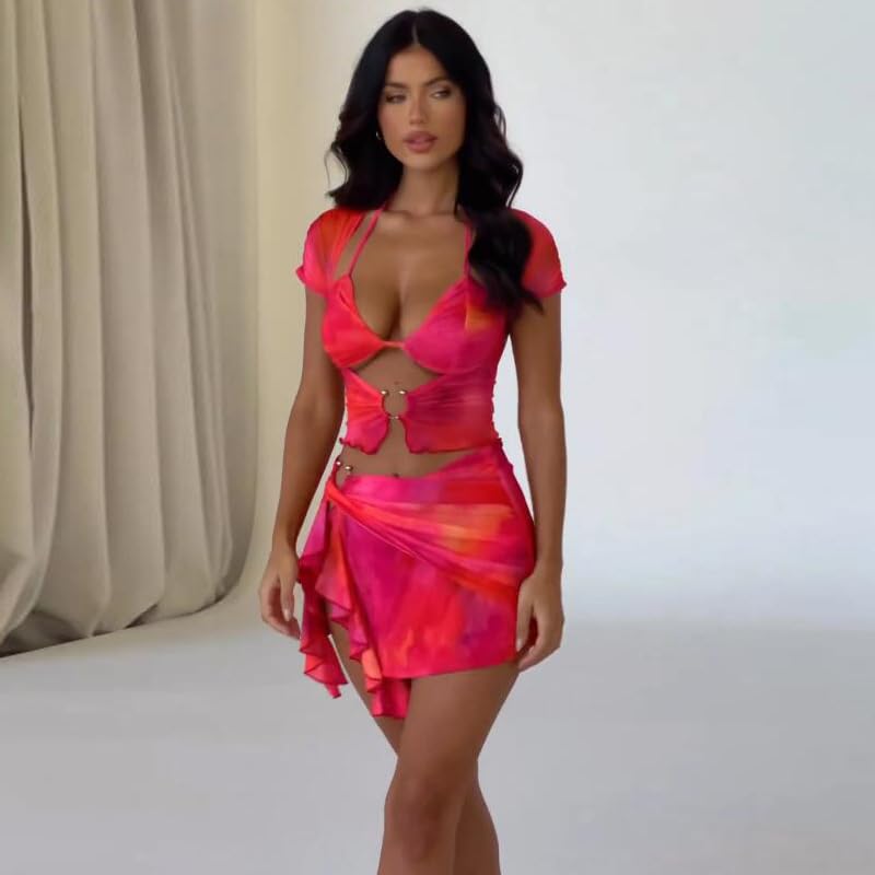 Womens Skirt Outfits Gradient Print Camisole Top Mini Skirts Sexy Outfits