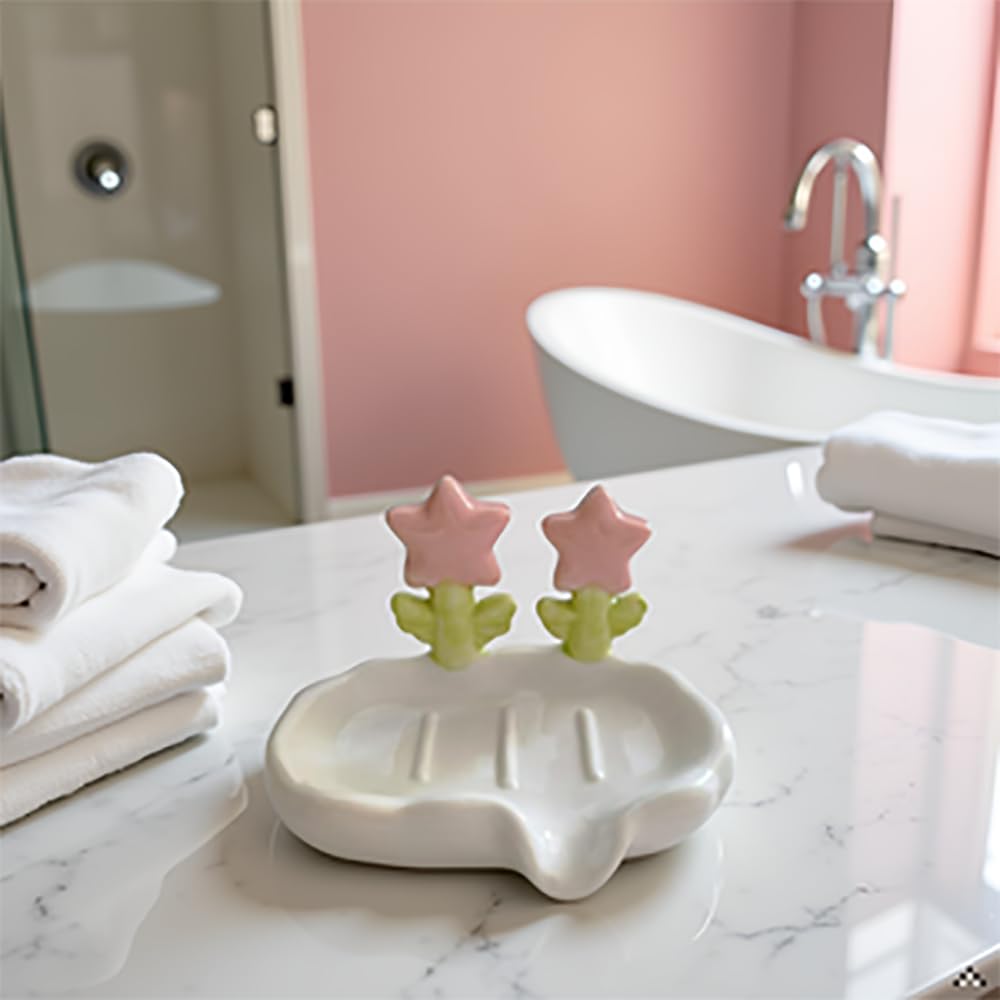 Girly Ceramic Soap Dish - Cute Bathroom Soap Dsih, Adorable Floral Soap Holder for Bathroom Sink Counter, Non-Slip Base