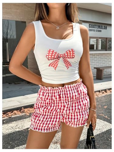 Women's Y2k 2 Piece Outfits Graphic Bow Crop Tank Top Gingham Ruffle Shorts Set Loungewear