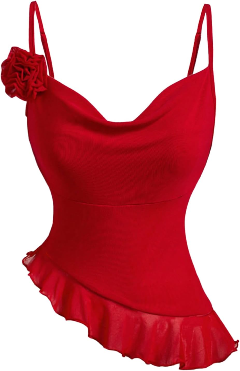 Women's 3D Floral Cowl Neck Ruched Mesh Cami Top Asymmetrical Ruffle Hem Camisole