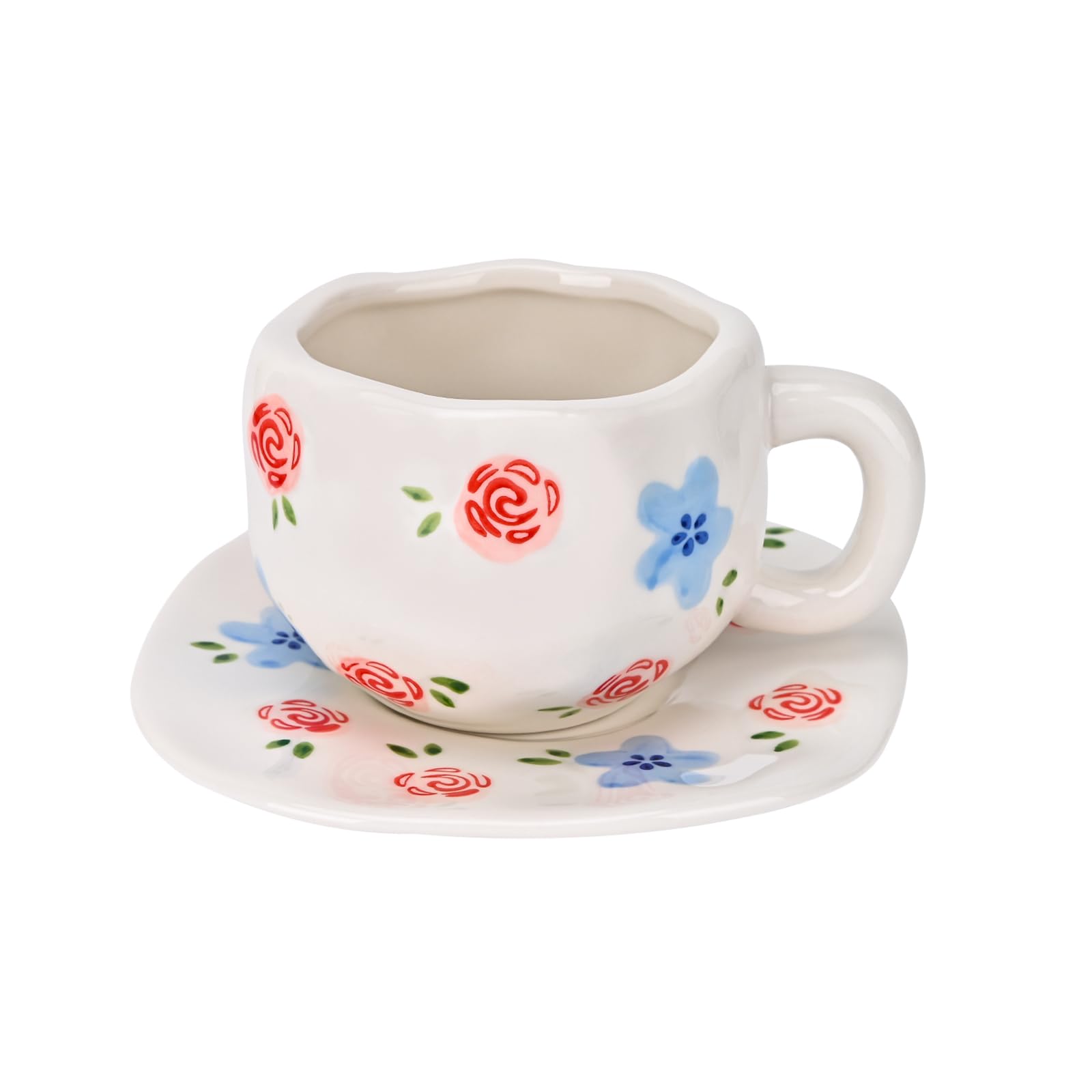 Ceramic Coffee Mug with Saucer Set, Cute Creative Cup Unique Irregular Design, 10 oz/300 ml