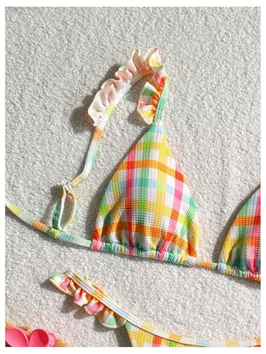 Women's Gingham Thong Bikini Sets Ruffle String Coquette Swimsuits Tie Back Boho Bathing Suit