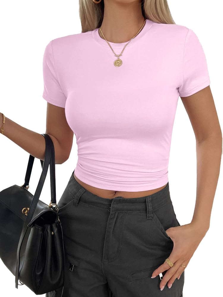 Women Basic Short Sleeve Crop Top Ruched Fitted Baby Tee Shirts