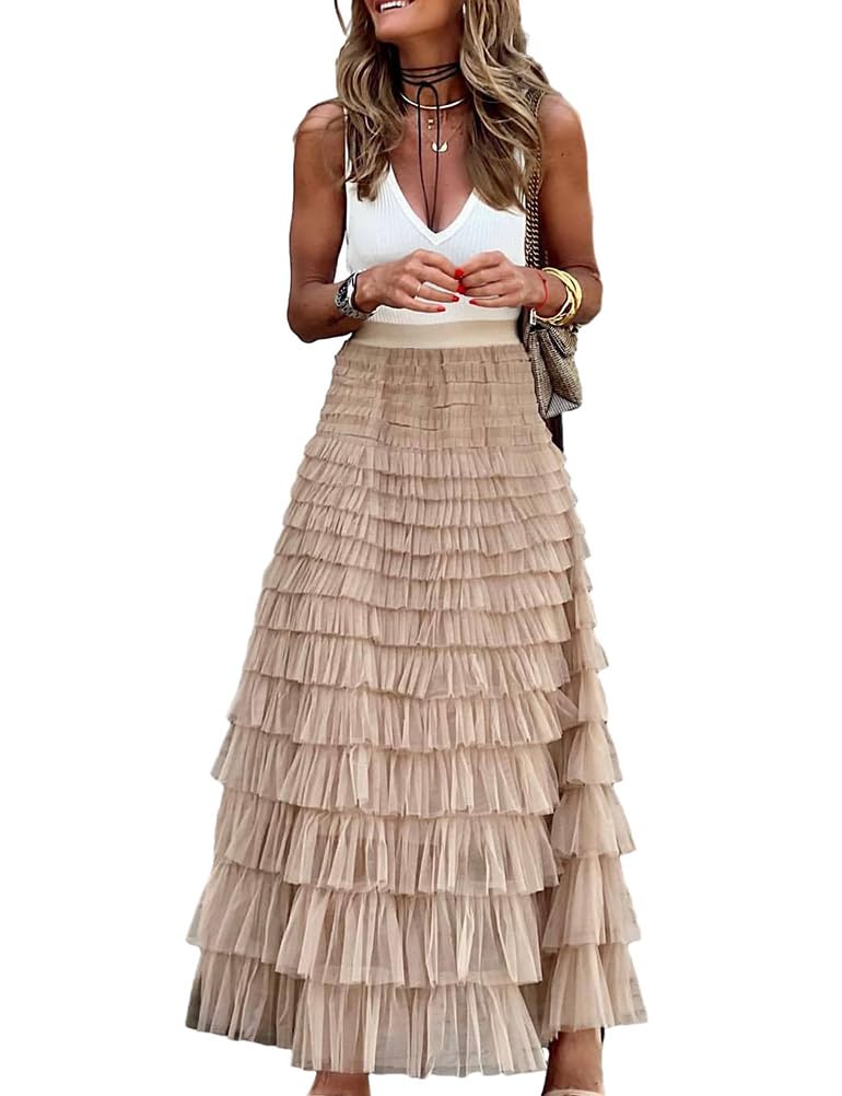 Long Tulle Skirt for Women Trendy High Waisted A Line Fluffy Fairy Mesh Layered Ruffle Skirt