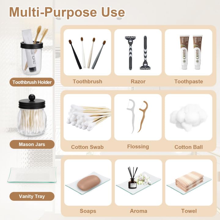 Glass Bathroom Accessories Set 4PCS Bathroom Accessories Set with Soap Dispenser Toothbrush Holder Qtip Holder & Vanity Tray