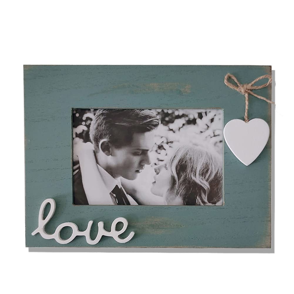 Love Picture Frame with Heart for Table Top and Wall Mounting-Distressed Wooden Photo Frame HD Glass Inside