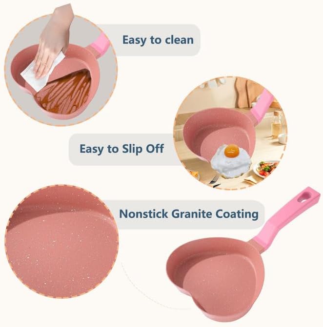 Pink Mini Nonstick Small Frying Pan with Unique Heart-shaped with Granite Coating, Multi-functional Frying Pan for Cooking