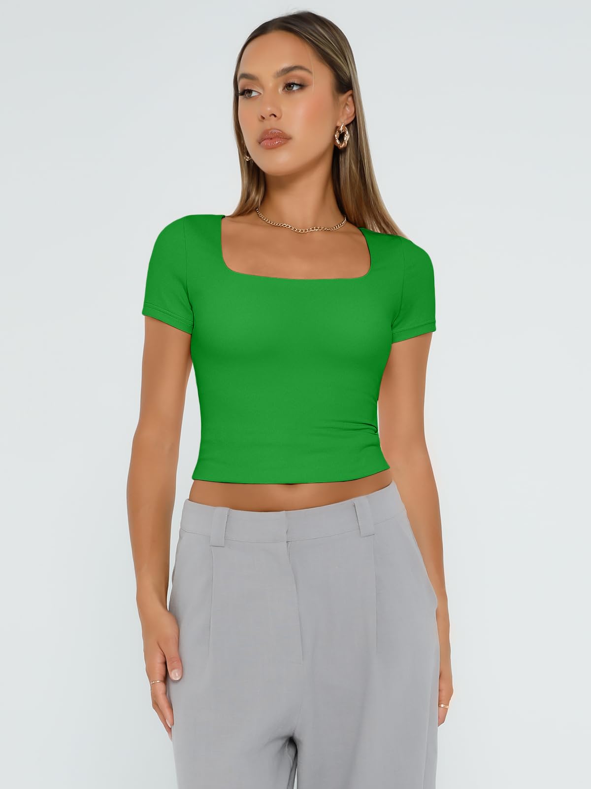 Womens Short Sleeve T Shirts Double Lined Square Neck Crop Tops Basics Tees