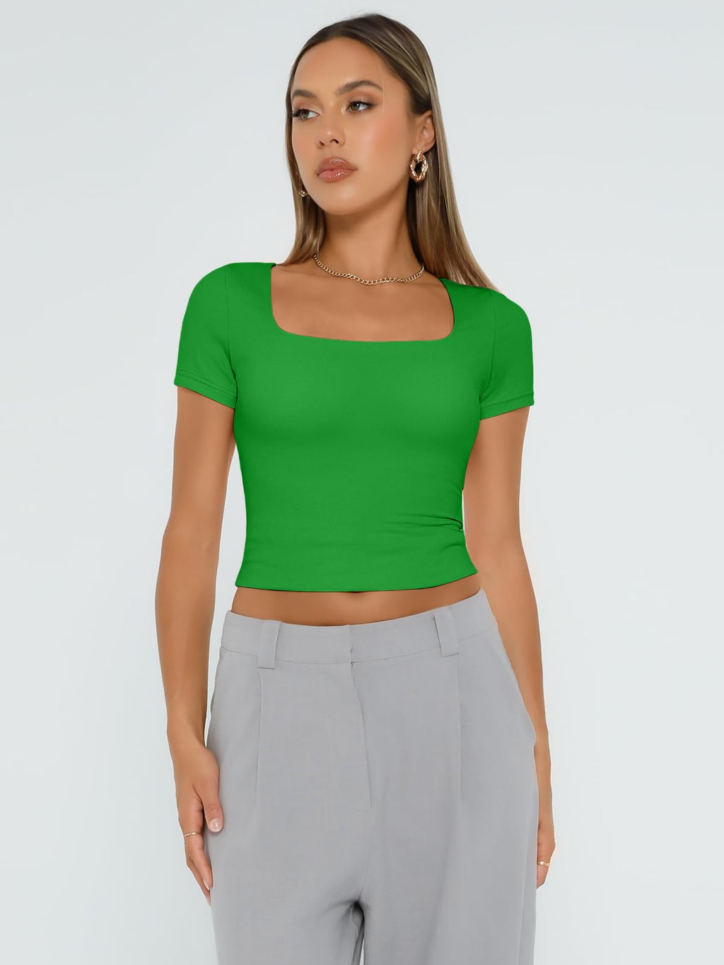 Womens Short Sleeve T Shirts Double Lined Square Neck Crop Tops Basics Tees