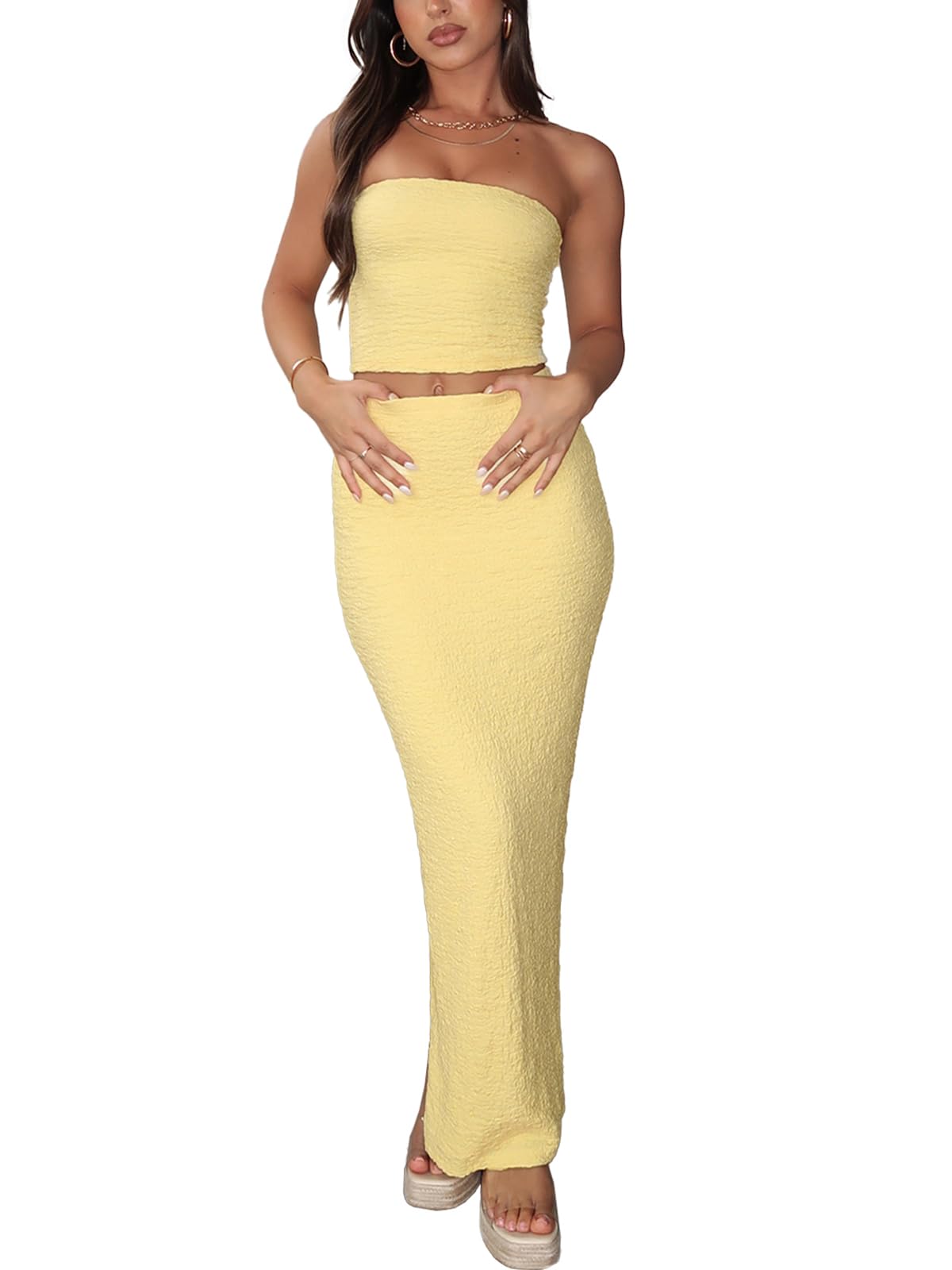 Two Piece Skirt Outfits for Women Sleeveless Tube Tops Bodycon Sexy Maxi Dress 2 Piece Summer Y2K Vacation Set