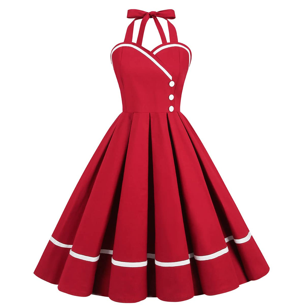 Vintage Women 1950s Rockabilly Swing Dress Pinup 50s Retro Hepburn Style Halterneck A-Line Dresses