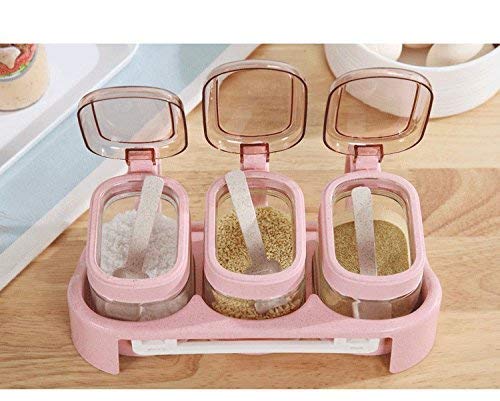 Pink Glass Transparent Spice Jar Seasoning Box Set Kitchen Container Tools Condiment Jars Cruet with Cover and Spoon Kitchen Utensils Supplies Salt Cellar with Lid (with base)