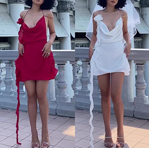 Women's Y2k Backless Ruffle Trim 3D Flower Sexy Sleeveless Strap Halter Bodycon Mini Dress