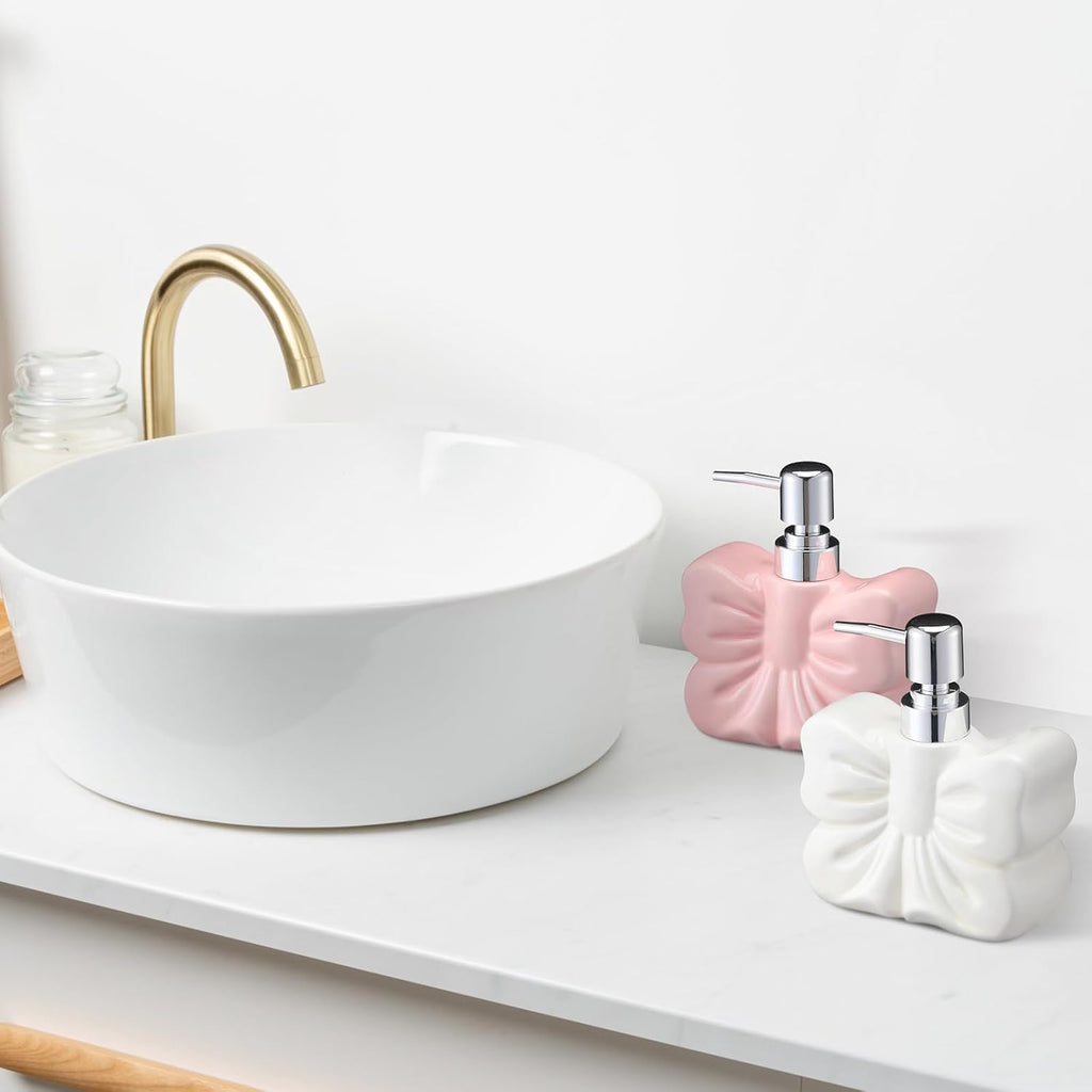 Ceramic Bow Shape Soap Dispensers Cute White and Pink - Coquette Bow Hand Sanitizer Bottle 12 oz Hand Soap Dispenser with Pump Bathroom Lotion Dispenser for Bathroom Kitchen Countertop 2 Pack