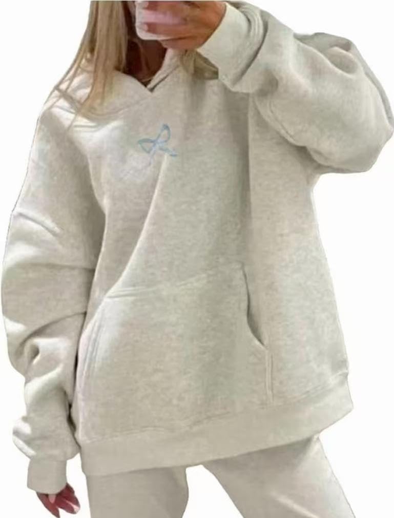 Women Bow Embroidery Hoodie Teen Girls Cute Graphic Hooded Loose Preppy Y2K Long Sleeve Pullover Hoodie Tops