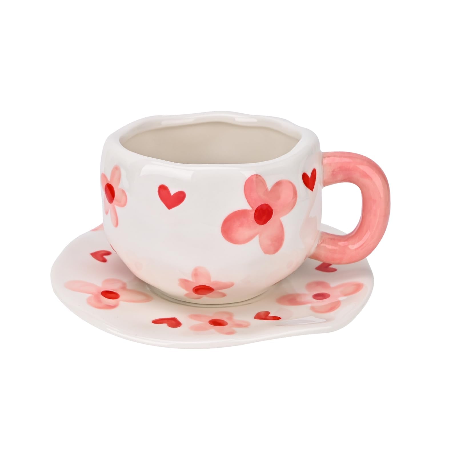 Ceramic Coffee Mug with Saucer Set, Cute Creative Cup Unique Irregular Design, 10 oz/300 ml