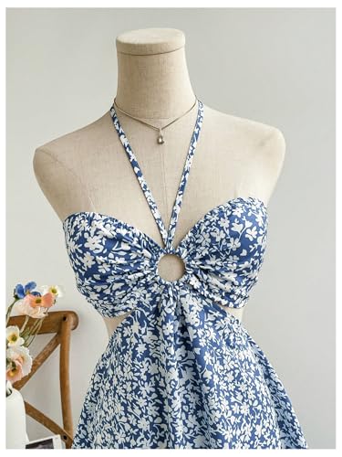Women's Floral Halter Neck Vacation Dress Sleeveless Cut Out Boho Cami Dress