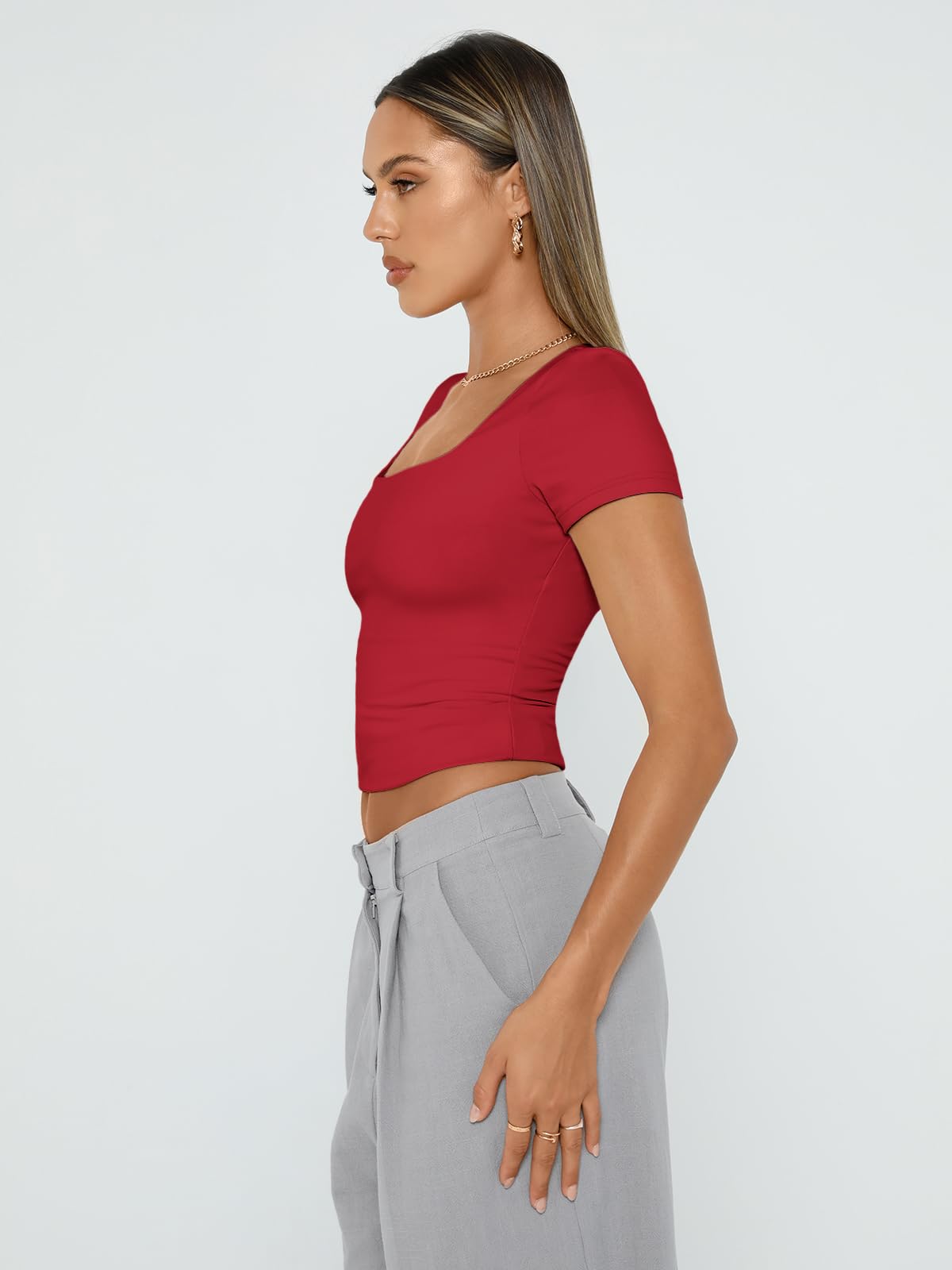 Womens Short Sleeve T Shirts Double Lined Square Neck Crop Tops Basics Tees