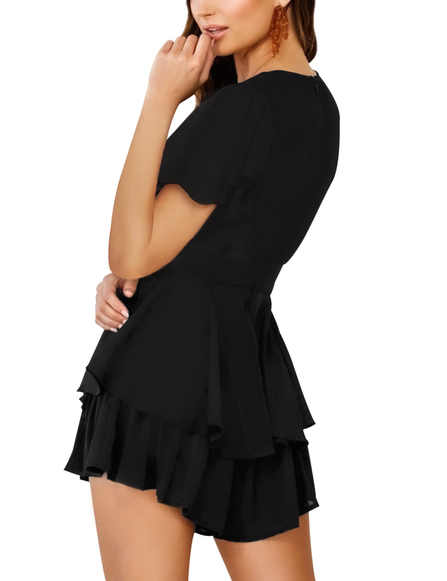 Women's Floral Rompers Jumpsuits V Neck Short Baggy Sleeve Waist Tie Double Layer Ruffle Hem Romper