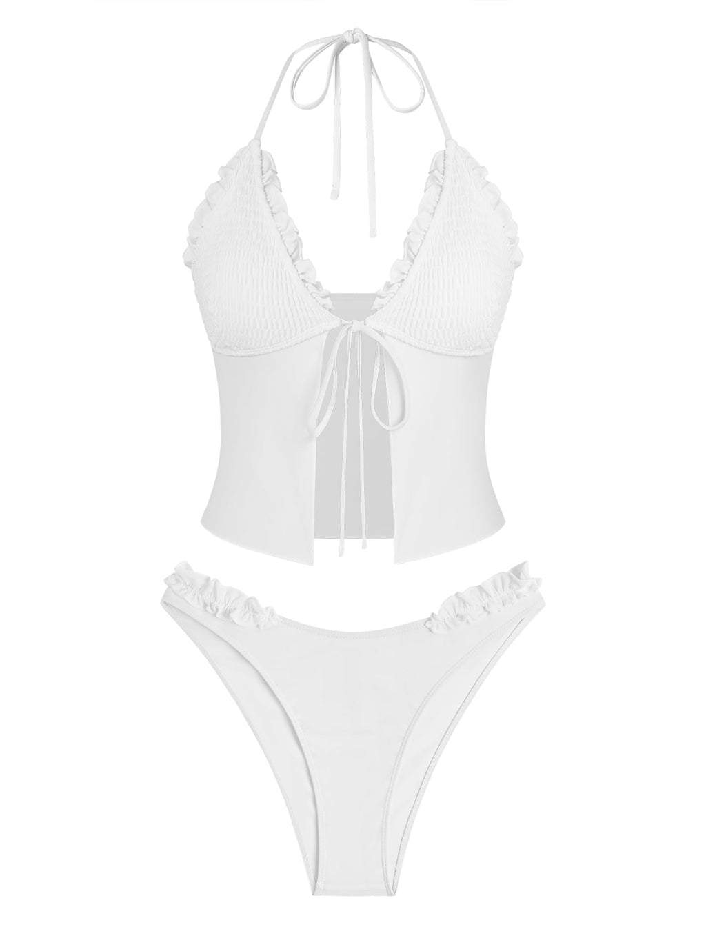 Tankini Swimsuits for Women Smocked Ruffles Tie Front Bowknot Textured High Cut Tanga Tankini Set