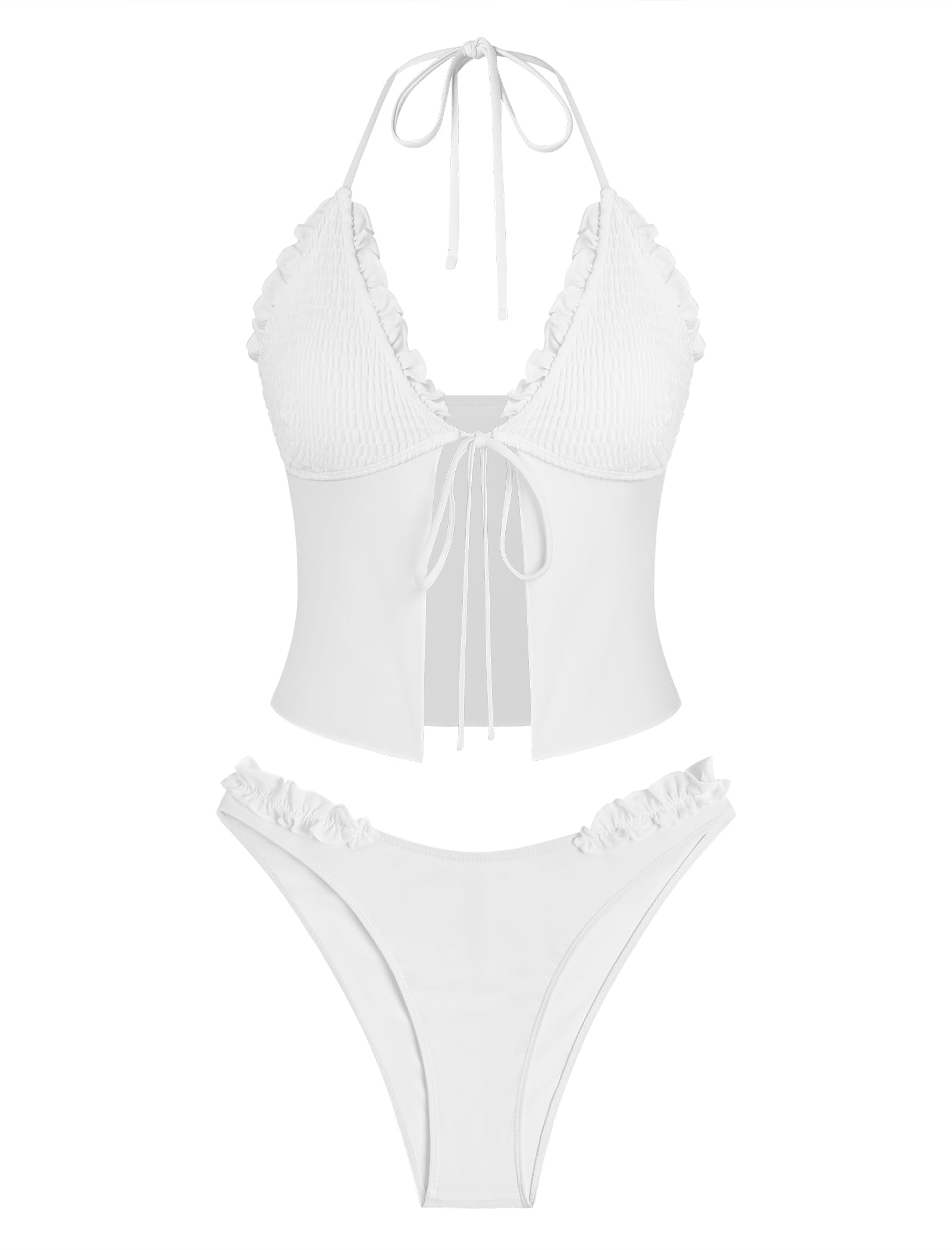 Tankini Swimsuits for Women Smocked Ruffles Tie Front Bowknot Textured High Cut Tanga Tankini Set