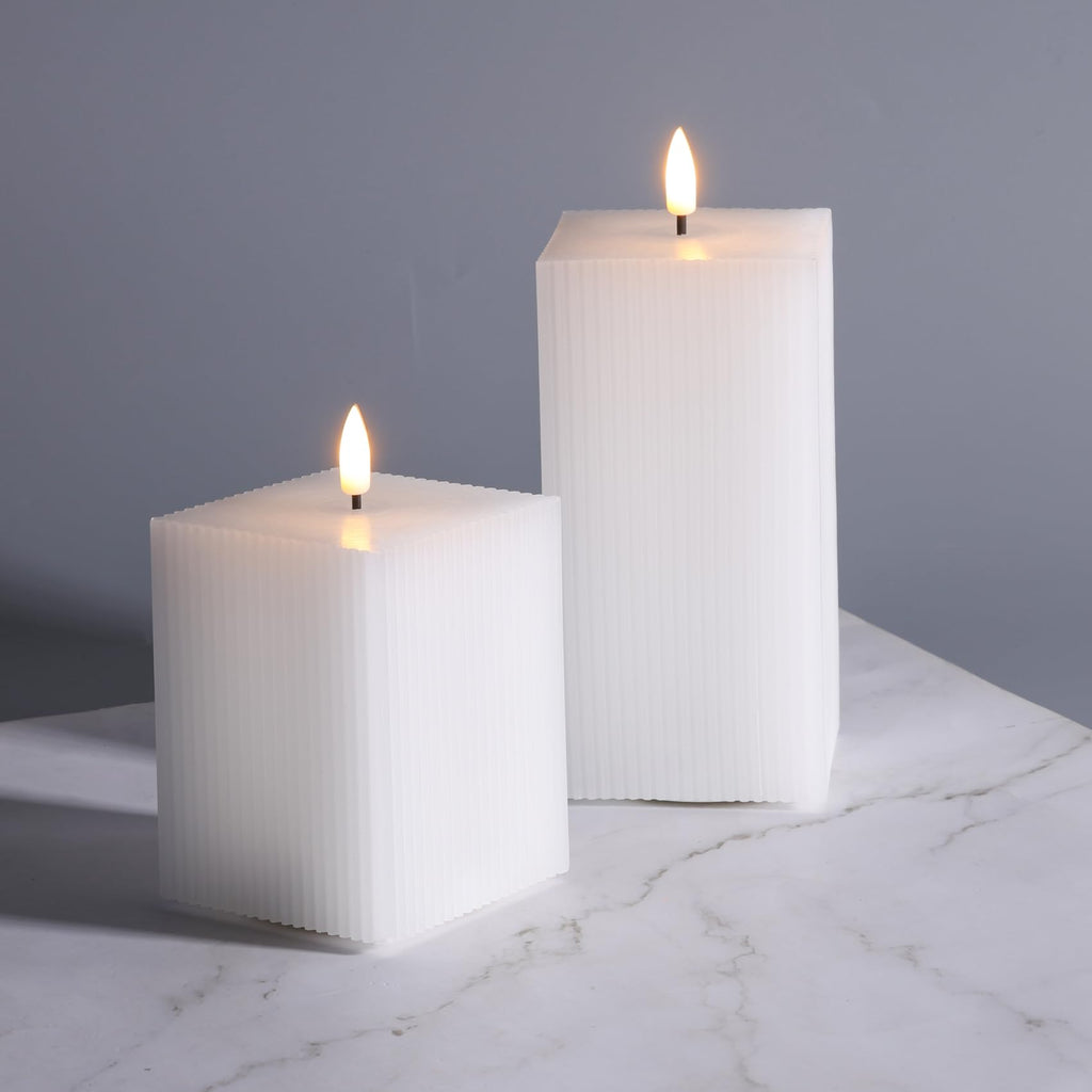 Square Ribbed Flameless Candles with Remote, Flickering Real Wax Battery LED Candles 3" H 4" 6"
