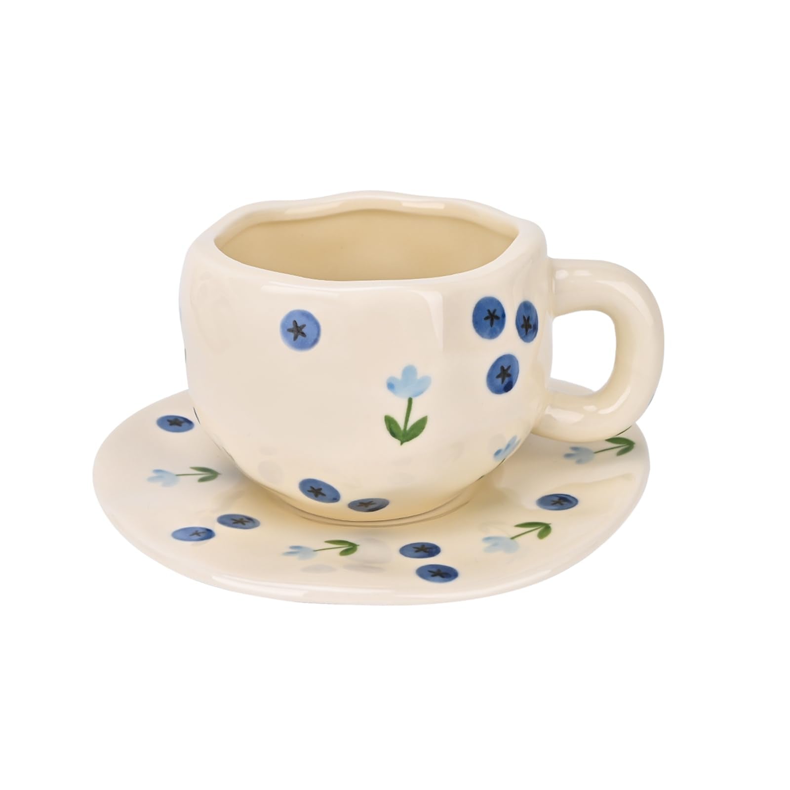 Ceramic Coffee Mug with Saucer Set, Cute Creative Cup Unique Irregular Design, 10 oz/300 ml