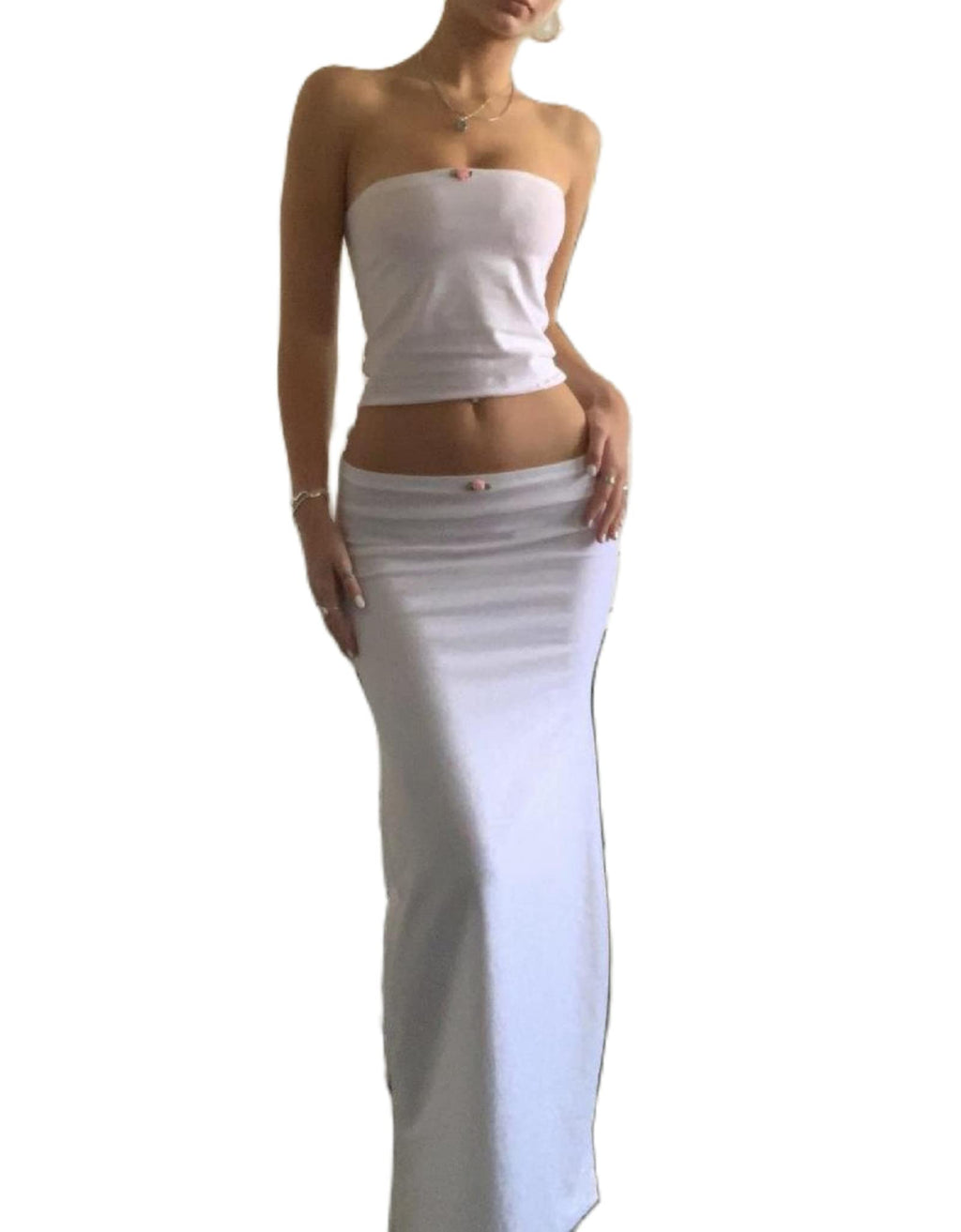 Women Y2K 2 Piece Long Skirt Set V Neck Halter Crop Top Off Shoulder Slim Fit Tube Top Split Maxi Skirts Outfit