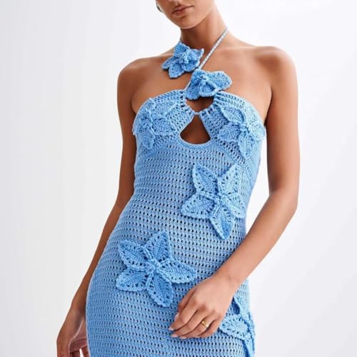 Women Halter Hollow Out Knitted Mini Dress Sexy Crochet 3D Flower Mini Dress