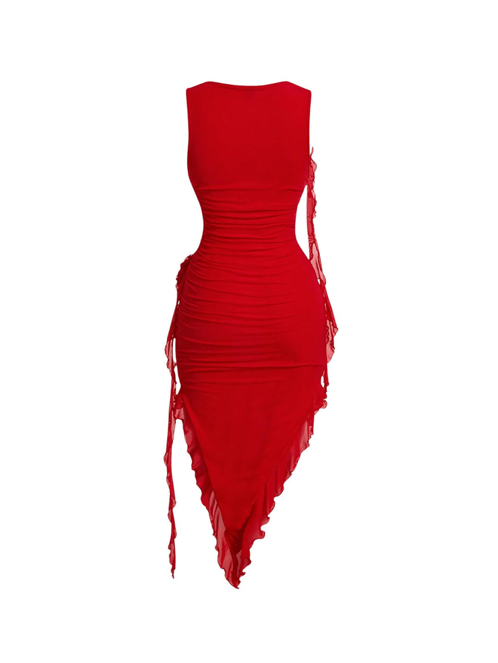 Women's Sleeveless Floral Appliques Bodycon Mesh Irregular Ruffle Hem Dress