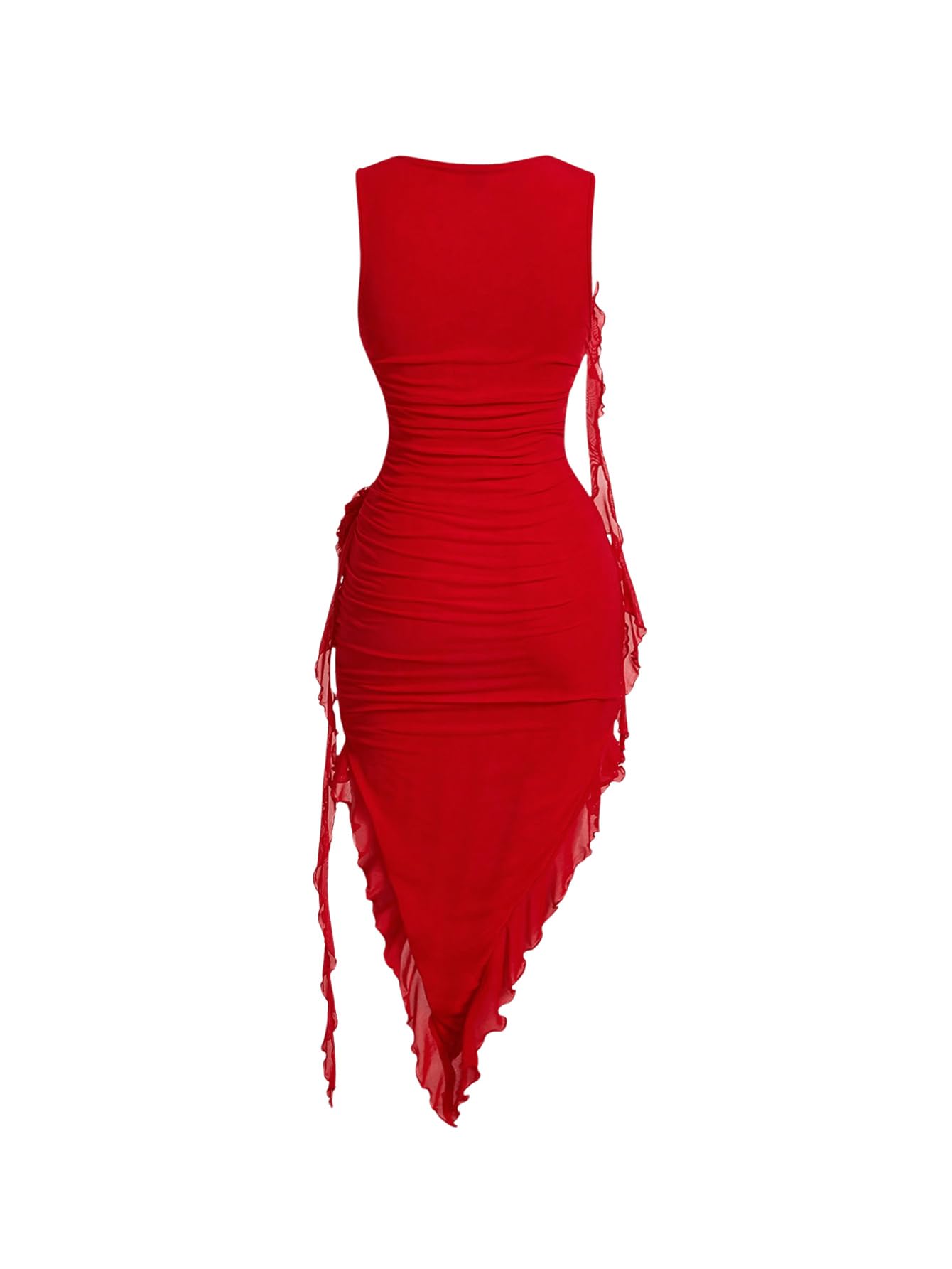 Women's Sleeveless Floral Appliques Bodycon Mesh Irregular Ruffle Hem Dress