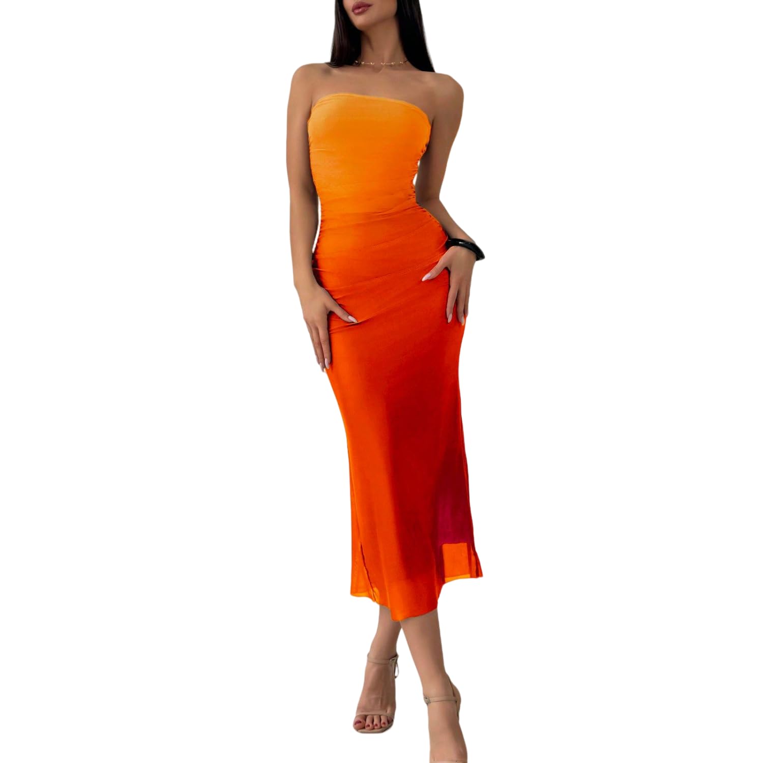 Women's Summer Gradient Strapless Tube Dress Bodycon Long Dress Side Slit Mesh Layered