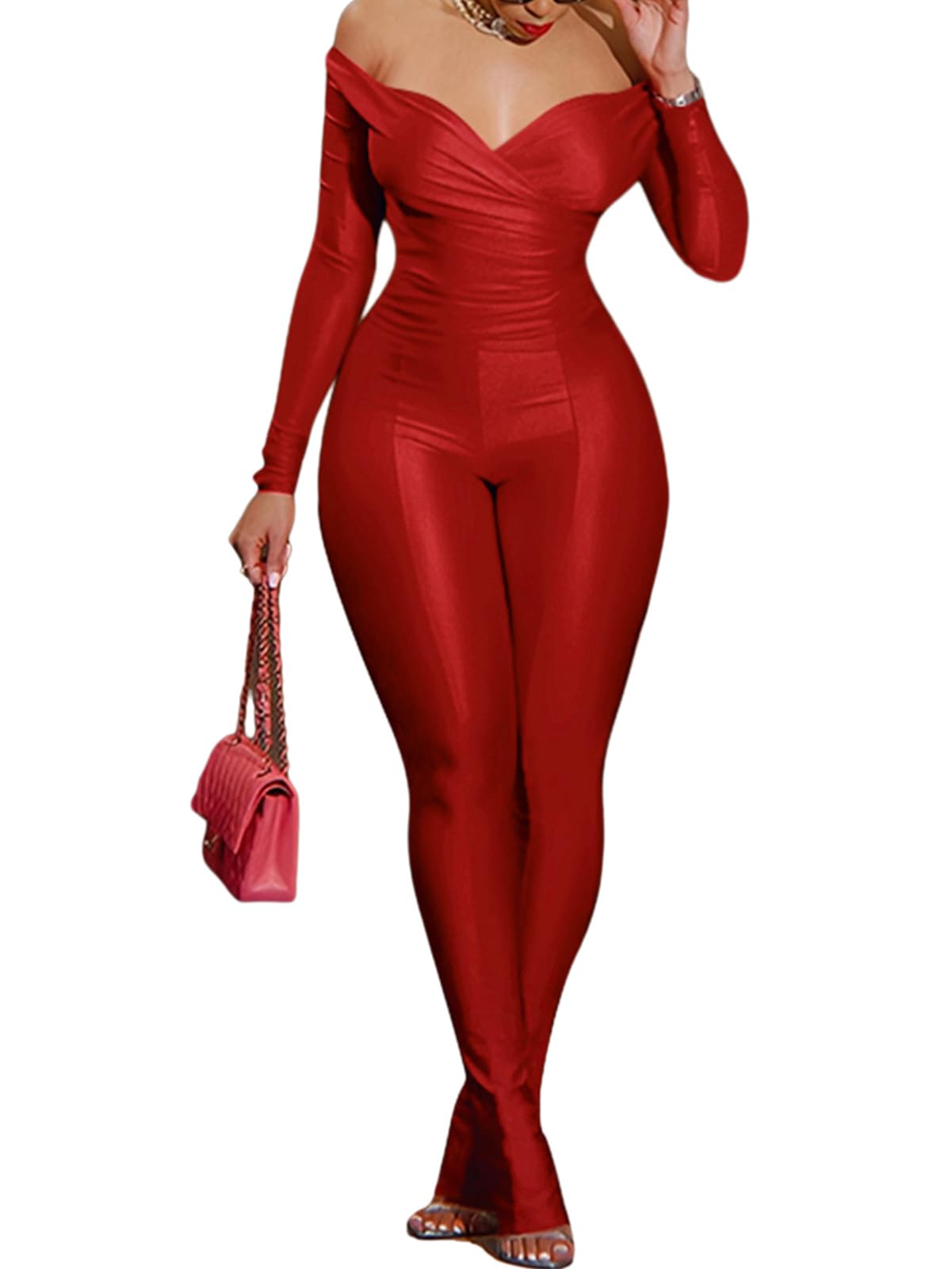 Women 2 Piece Outfits - Sexy Off Shoulder Tops Bodycon Flared Pant Sets