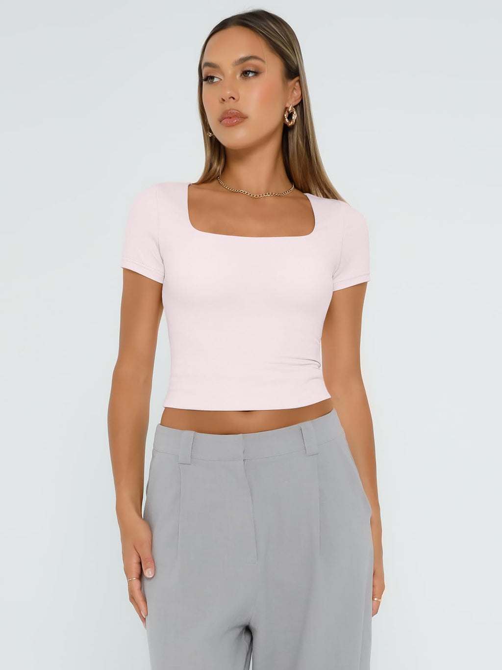 Womens Short Sleeve T Shirts Double Lined Square Neck Crop Tops Basics Tees