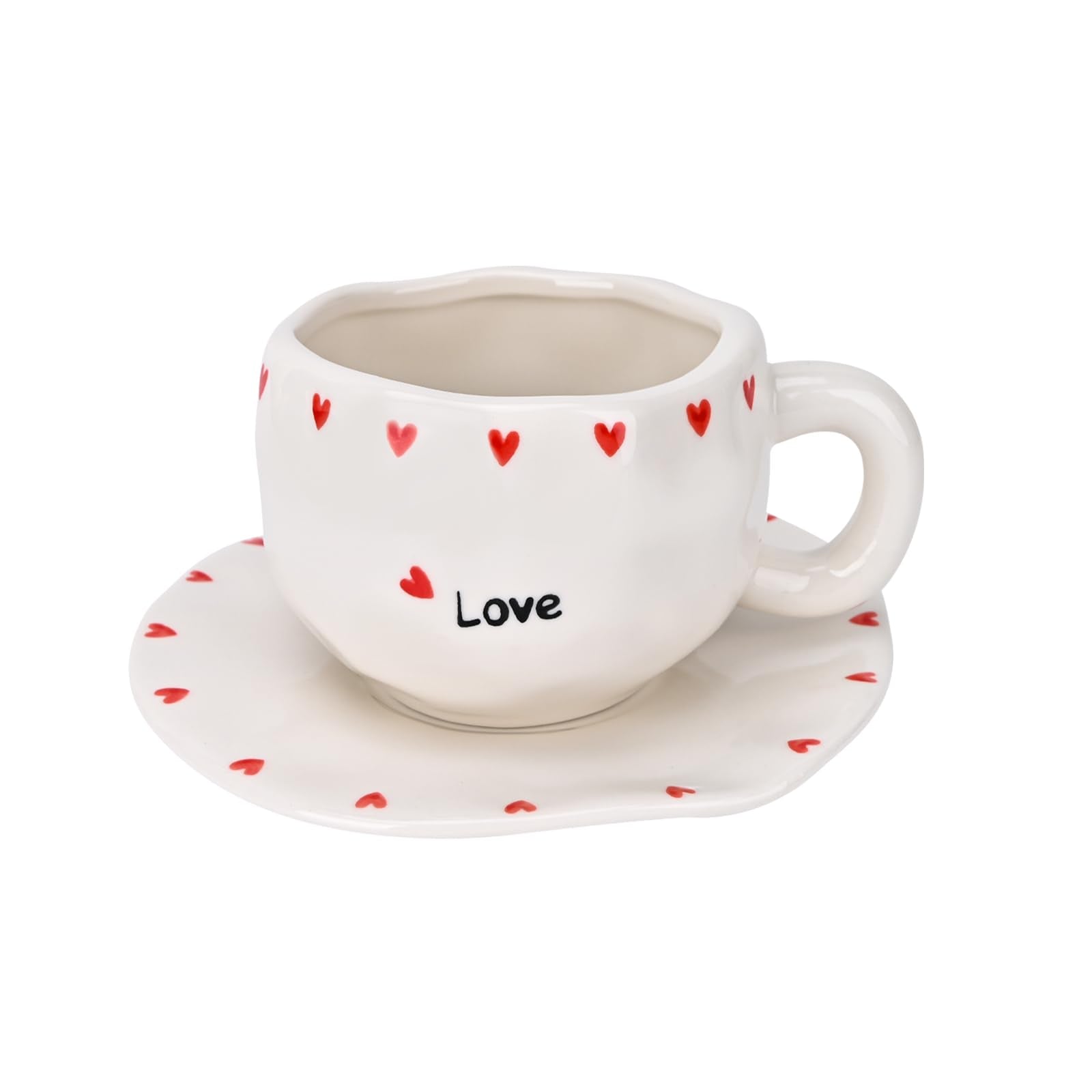 Ceramic Coffee Mug with Saucer Set, Cute Creative Cup Unique Irregular Design, 10 oz/300 ml