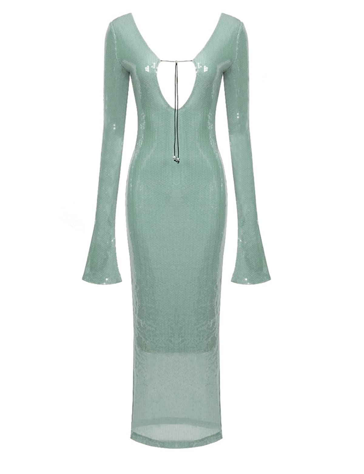 Deep V Dress with Drawstring Long Sleeve Sequin Dress for Women Long Gown