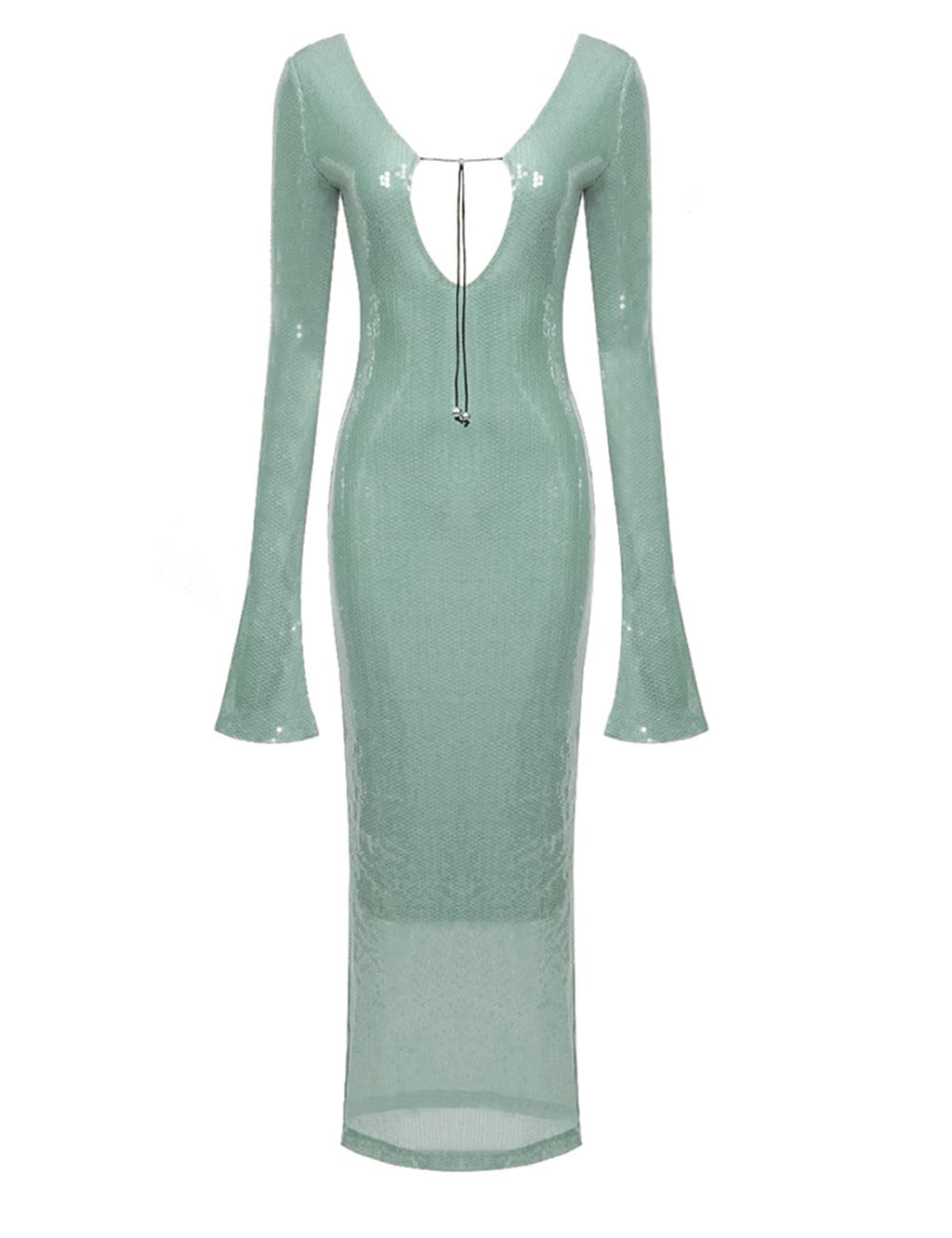 Deep V Dress with Drawstring Long Sleeve Sequin Dress for Women Long Gown