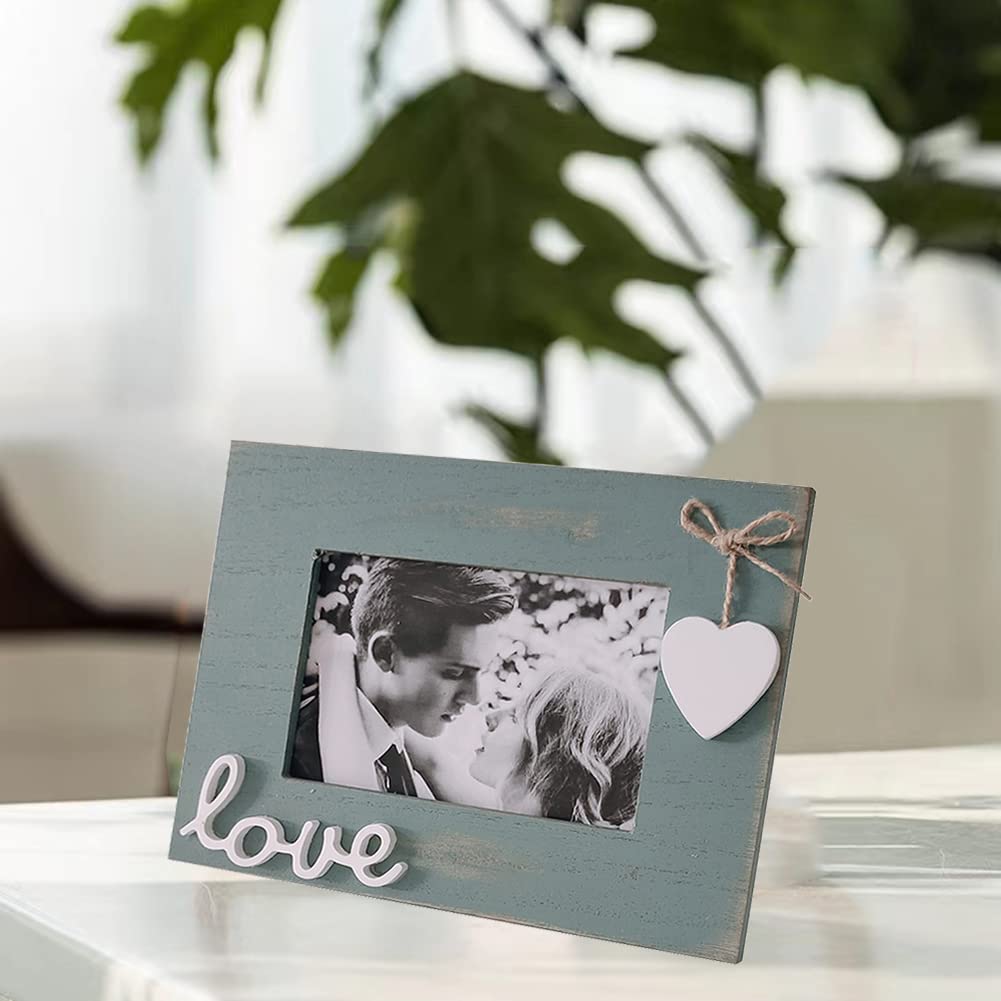 Love Picture Frame with Heart for Table Top and Wall Mounting-Distressed Wooden Photo Frame HD Glass Inside