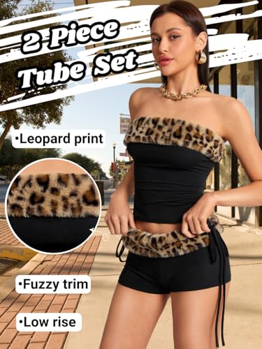 Sexy 2000s 2 Piece Leopard Club Outfits, Ruched Tube Strapless Crop Top, Low Rise Booty Shorts