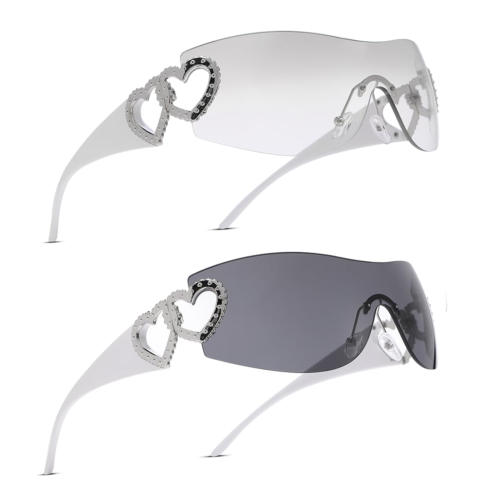 Wrap Around Heart Rhinestones Rimless Sunglasses Women Men, Oversized Fashion Futuristic Sun Glasses Cool Shade 2000S Trendy