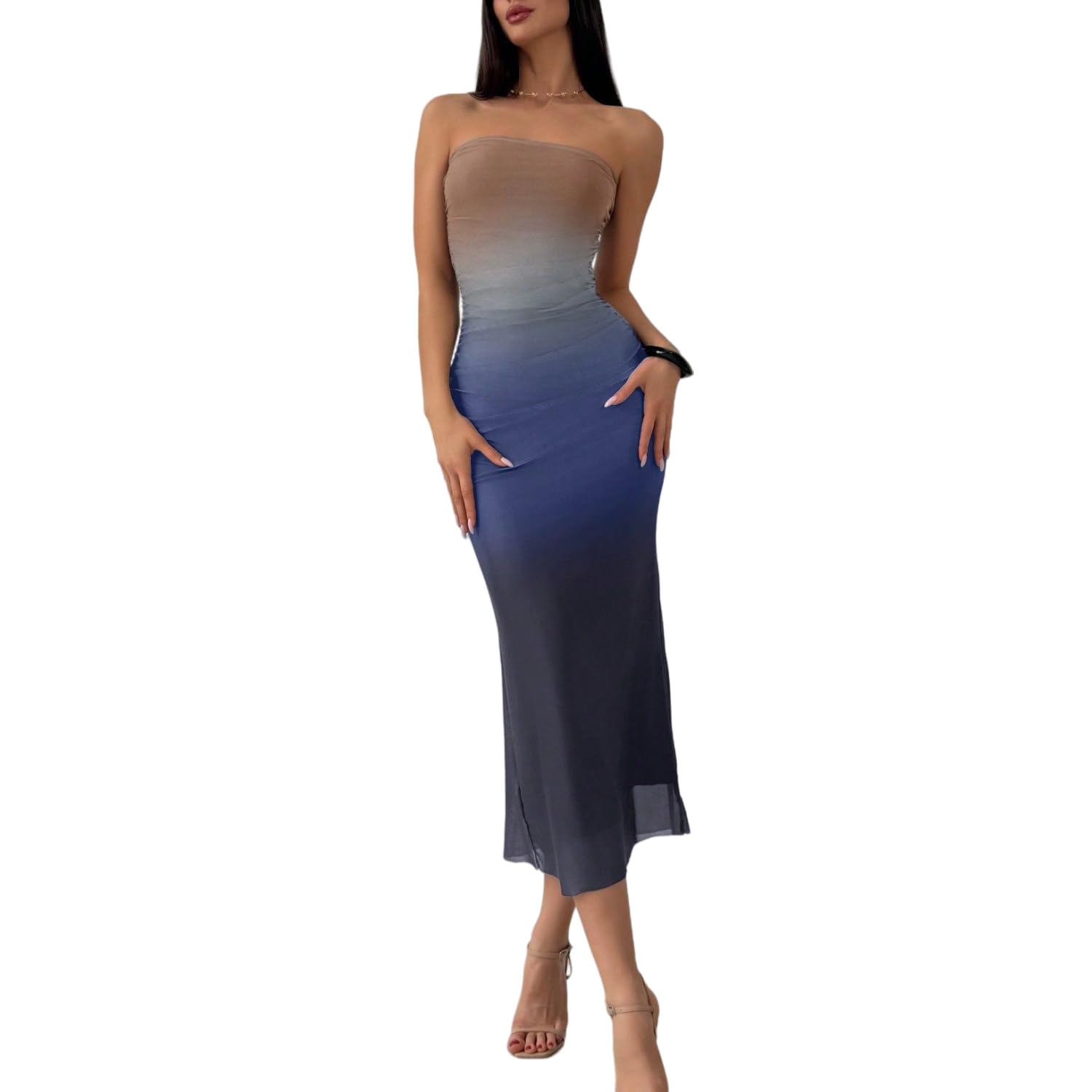 Women's Summer Gradient Strapless Tube Dress Bodycon Long Dress Side Slit Mesh Layered